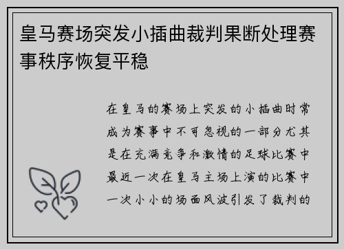 皇马赛场突发小插曲裁判果断处理赛事秩序恢复平稳