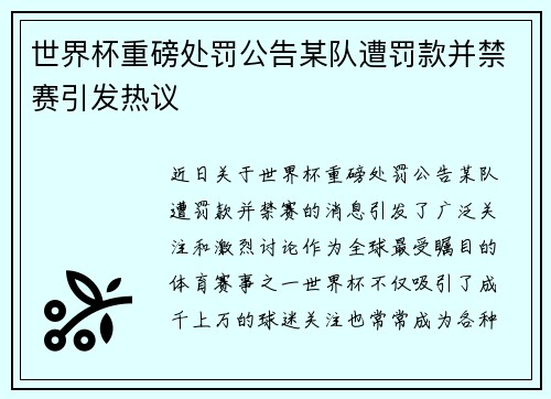 世界杯重磅处罚公告某队遭罚款并禁赛引发热议 世界杯重磅处罚公告某队遭罚款并禁赛引发热议