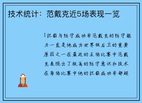 技术统计：范戴克近5场表现一览