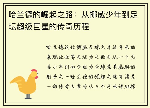 哈兰德的崛起之路：从挪威少年到足坛超级巨星的传奇历程